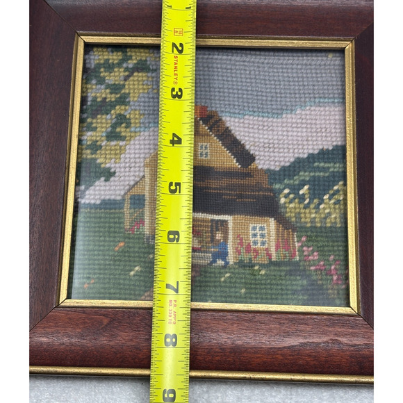 VTG Framed Needlepoint Art House Porch Cottagecore Decor Early American - Picture 5 of 6